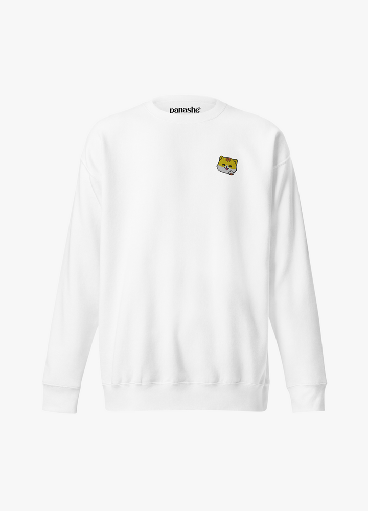 sweatshirt original unisexe en coton blanc avec broderie de chat kawaii faisant un doigt d'honneur
