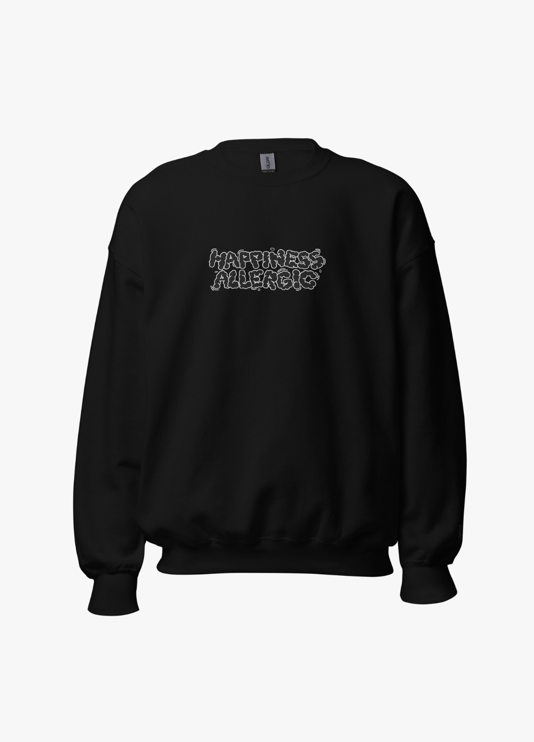 sweatshirt unisexe noir avec broderie texte noir happiness allergic style graffiti streetstyle