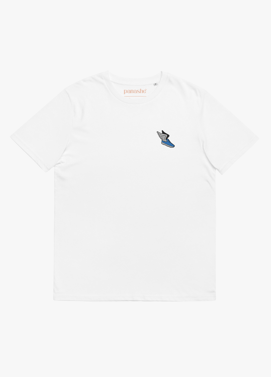 tshirt blanc en coton biologique et vegan avec broderie chaussure ailée bleue et phrase humoristique à l'arrière slow streetwear fashion