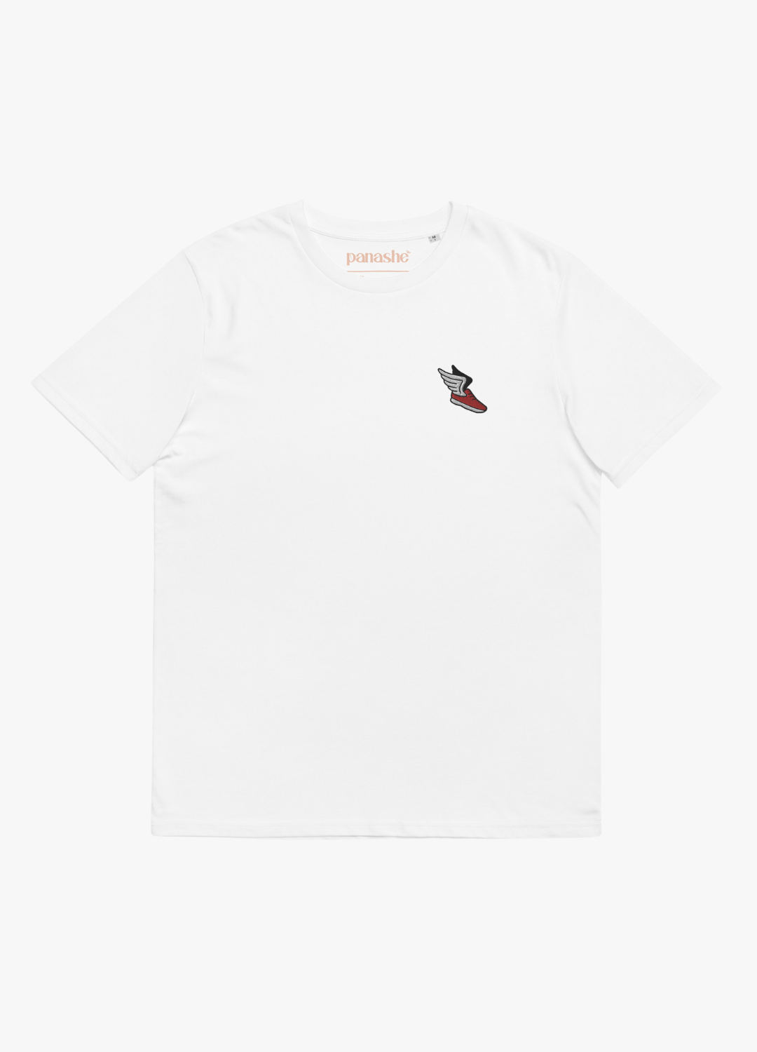 tshirt en coton écologique et vegan blanc unisexe avec broderie chaussure ailée rouge et phrase drôle dans le dos 