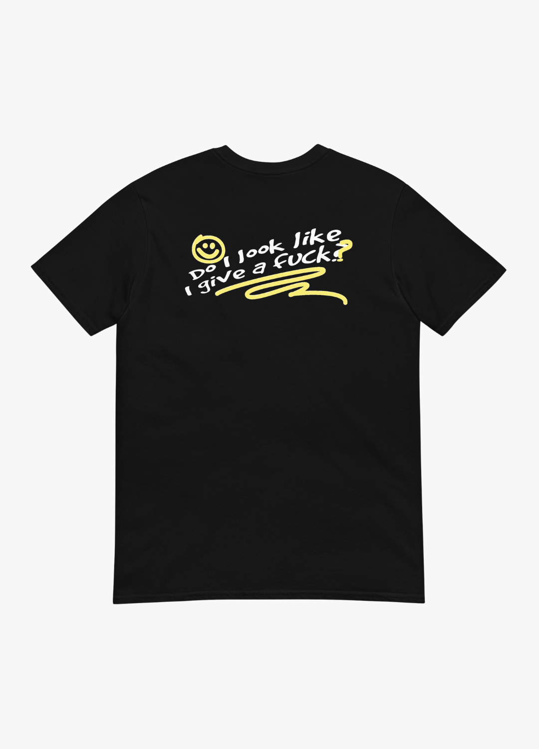 tshirt en coton unisexe noir avec grand dessin dans le dos blanc et jaune fluo street style humour sarcastique do I look like I give a fuck