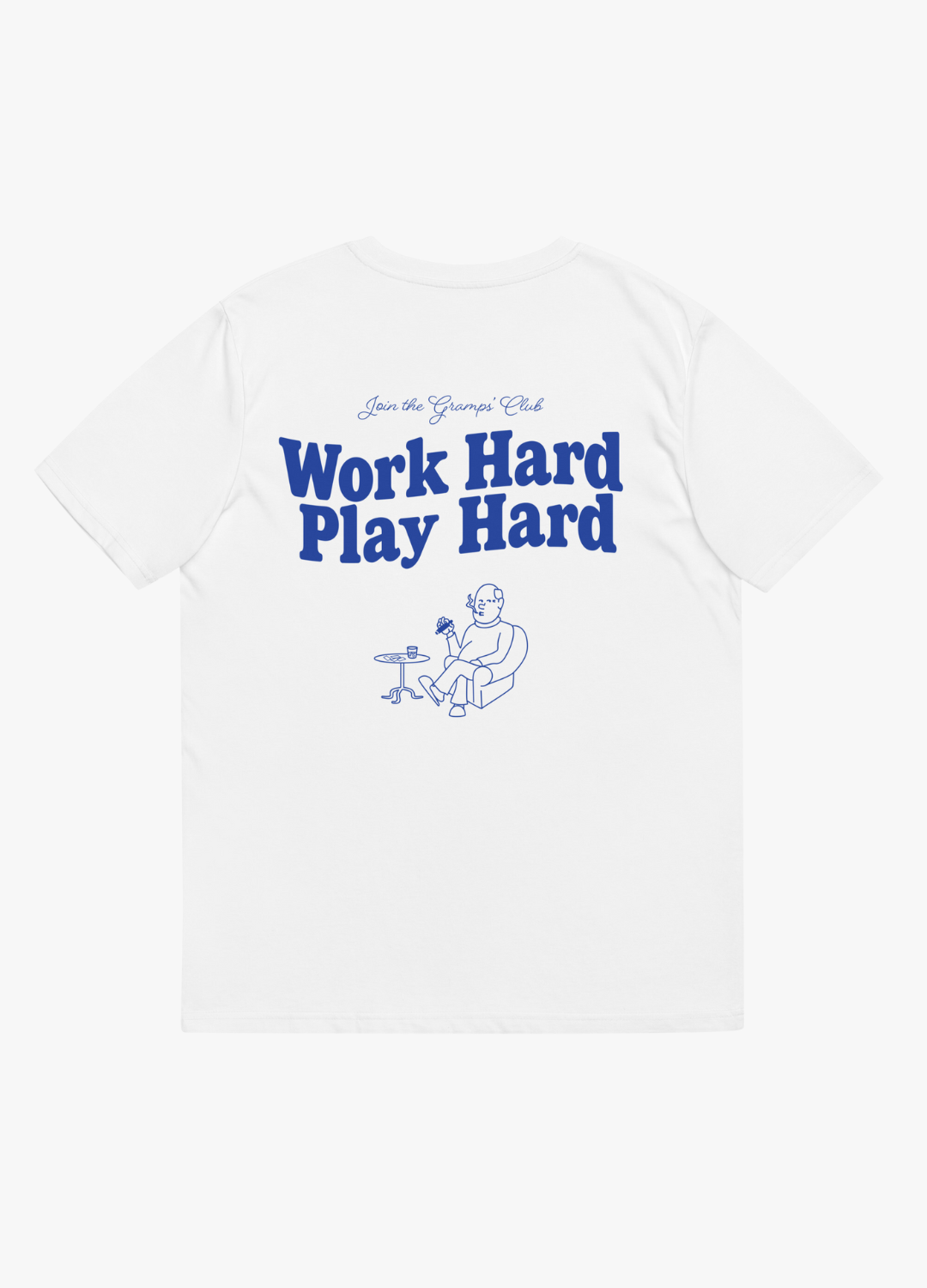 tshirt en coton blanc pour homme avec dessin humoristique original work hard play hard avec grand père qui fume un cigare