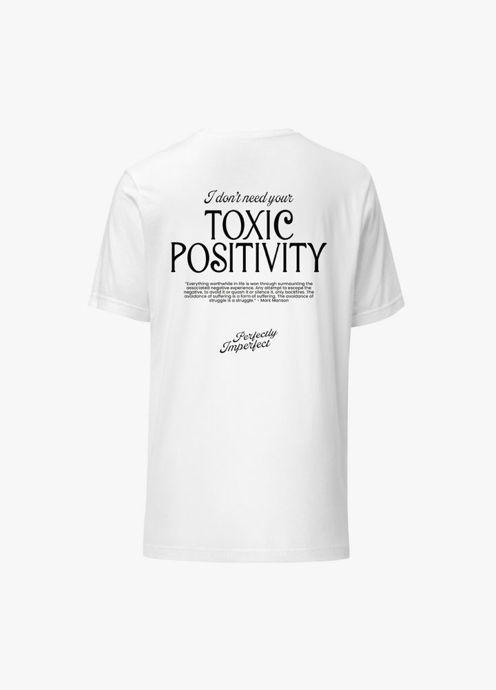 tshirt en coton blanc et noir ultra doux avec grand texte dans le dos toxic positivity humoristique et original tendance streetstyle